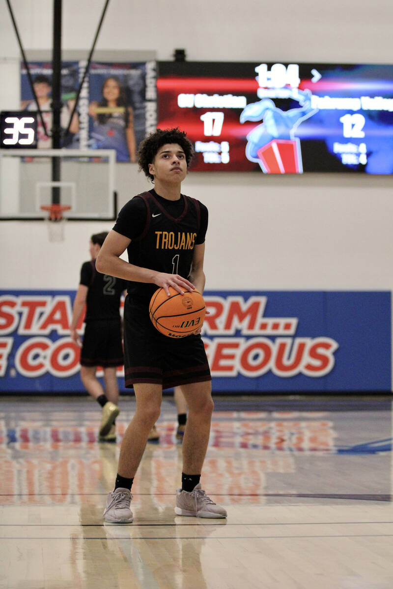 Pahrump Valley High School junior Trae Plein steadies his breath to be able to knock down a fre ...