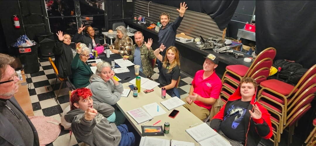 The Pahrump Theatre Company cast of Rossum's Universal Robots practices their first read throug ...