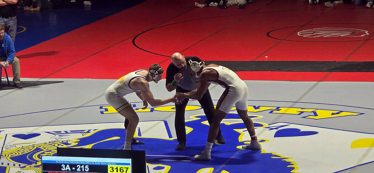 Pahrump Valley High School junior Iyan Bosket shakes hands with his opponent Terrance Mattson b ...