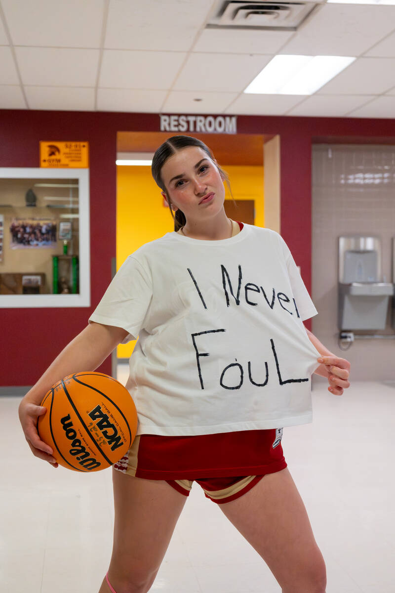 Pahrump Valley High School junior Sydney Crotty proudly sports her "I Never Foul" white lie T-s ...