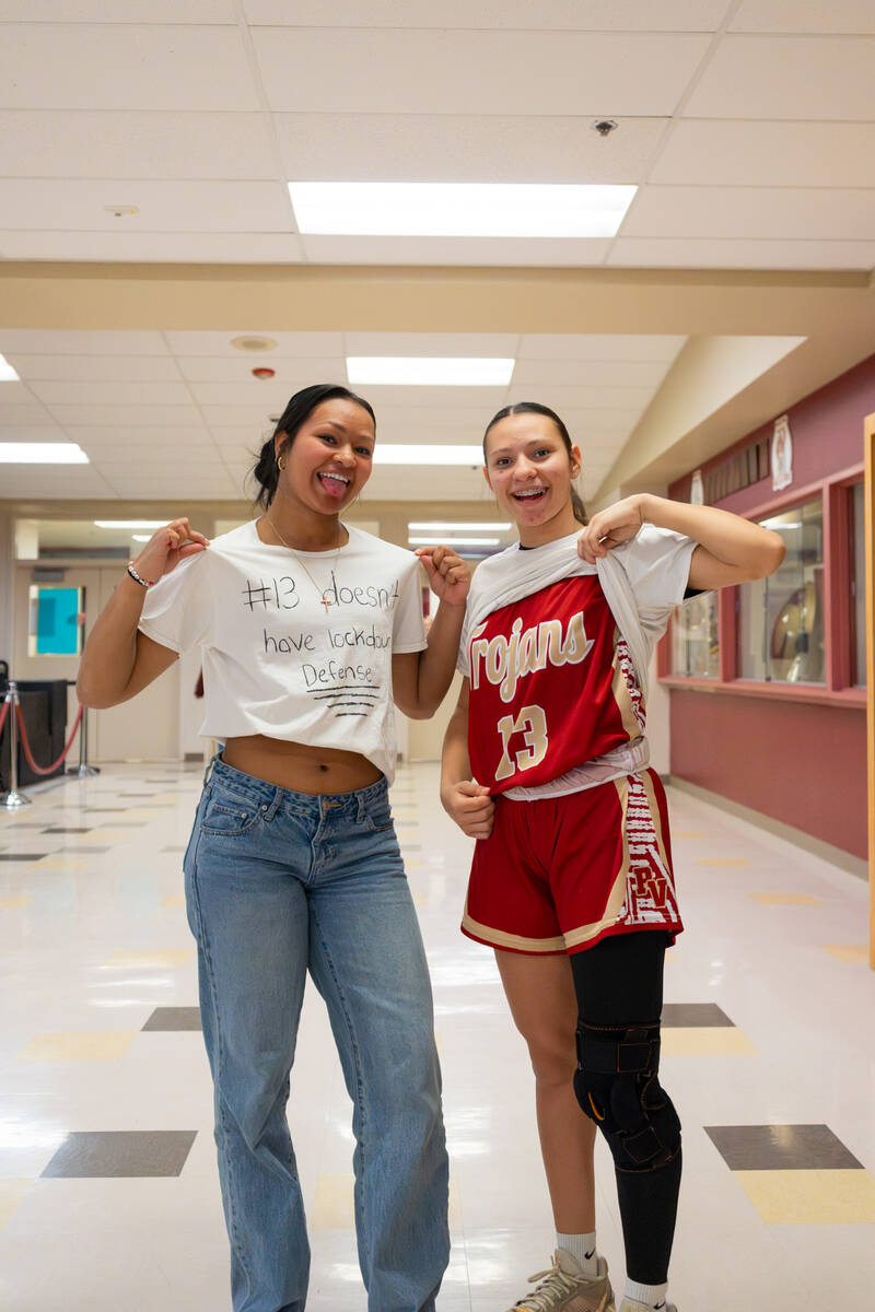 Pahrump Valley High School's Autumn Colon's sister, Sunday Colon, sports a white T-shirt that r ...