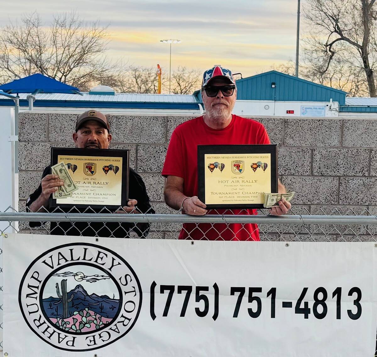 Southern Nevada Horseshoe Pitching Series pitchers Ron Gonzales (left) and Lathan "Rebel" Dilge ...