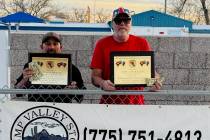 Southern Nevada Horseshoe Pitching Series pitchers Ron Gonzales (left) and Lathan "Rebel" Dilge ...