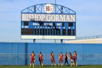 The 2026 Pahrump Valley High School varsity softball program takes outfield drills prior to the ...
