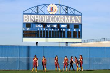 The 2026 Pahrump Valley High School varsity softball program takes outfield drills prior to the ...