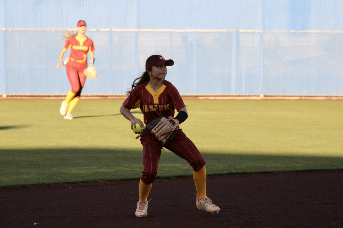 Pahrump Valley High School shortstop Aspen Middaugh fields a ball cleanly during a preseason ex ...