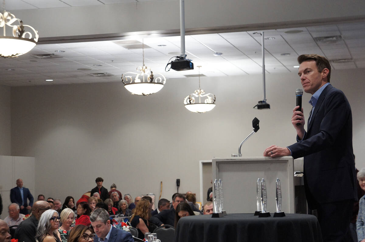 Nevada state treasurer candidate Drew Johnson speaks at the 2026 Nye County Republican Party Li ...