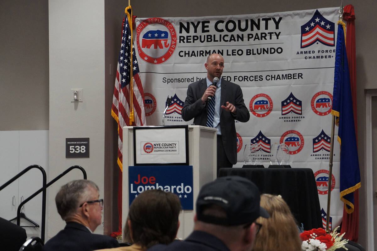 Nevada State Controller Andy Matthews speaks to the crowd at the 2026 Nye County Republican Par ...