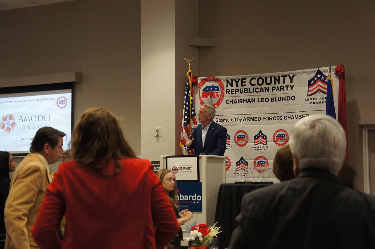 Nevada Gov. Joe Lombardo speaks at the 2026 Nye County Republican Party Lincoln Day Dinner. (El ...