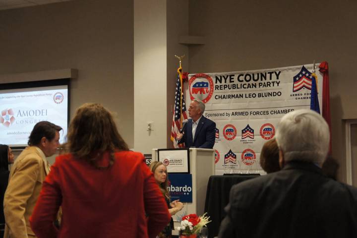 Nevada Gov. Joe Lombardo speaks at the 2026 Nye County Republican Party Lincoln Day Dinner. (El ...