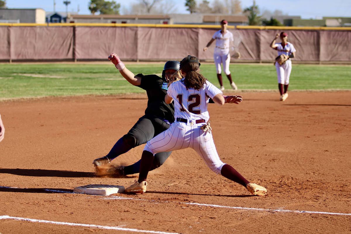 Pahrump Valley High School sophomore Mariah Gray makes a great play at third base, receiving a ...