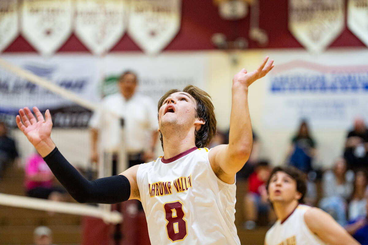 Pahrump Valley High School boys volleyball senior Elijah Thompson positions himself for a kill ...