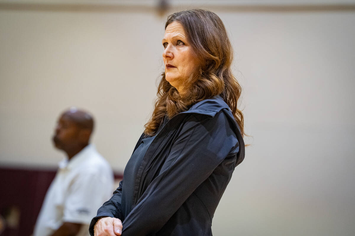 Pahrump Valley High School boys volleyball varsity head coach Amber Lugo watches over her progr ...