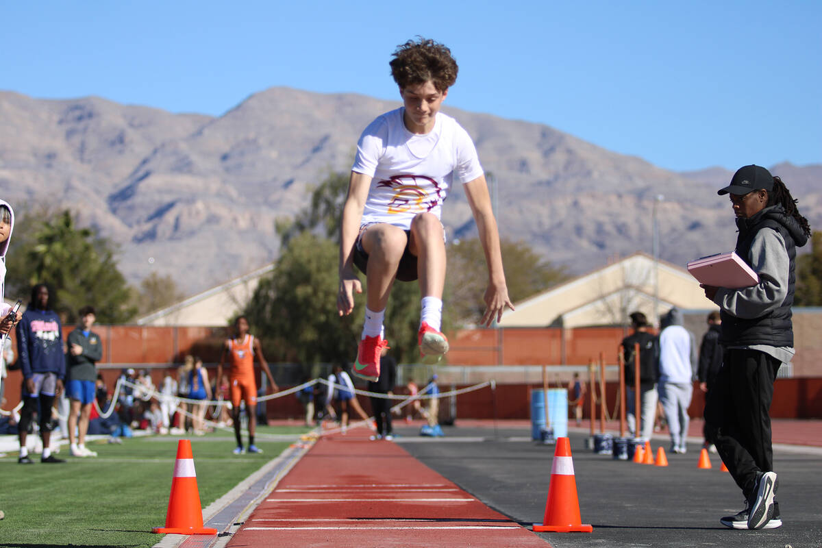 Pahrump Valley High School freshman Kelan Sheppard recorded 15-0 in the long jump during the Da ...