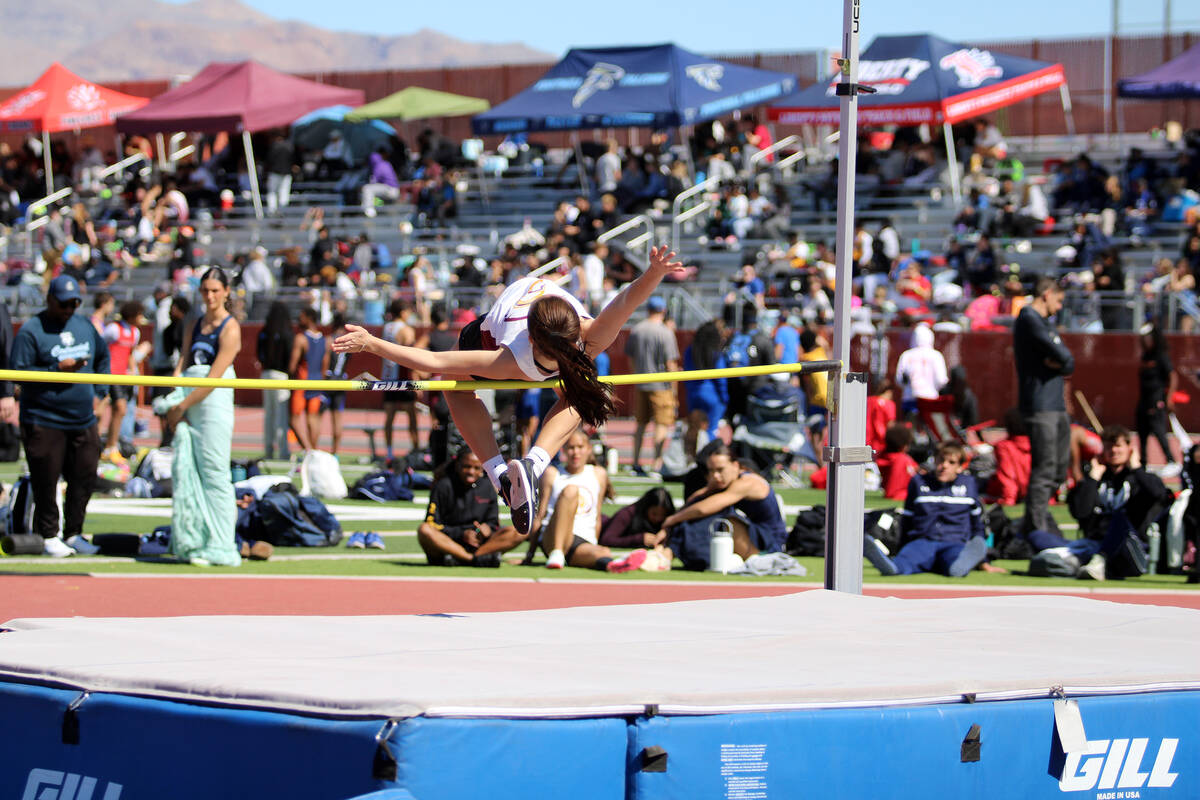 Pahrump Valley High School sophomore Aurora Bowers participates in the high jump during the Dav ...