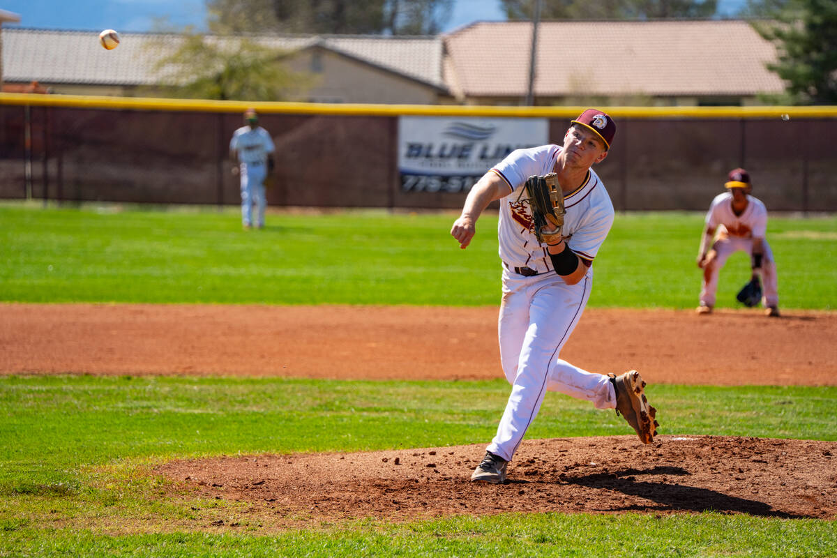 Pahrump Valley High School junior Cody Fried pitches at home against Desert Oasis on March 14. ...