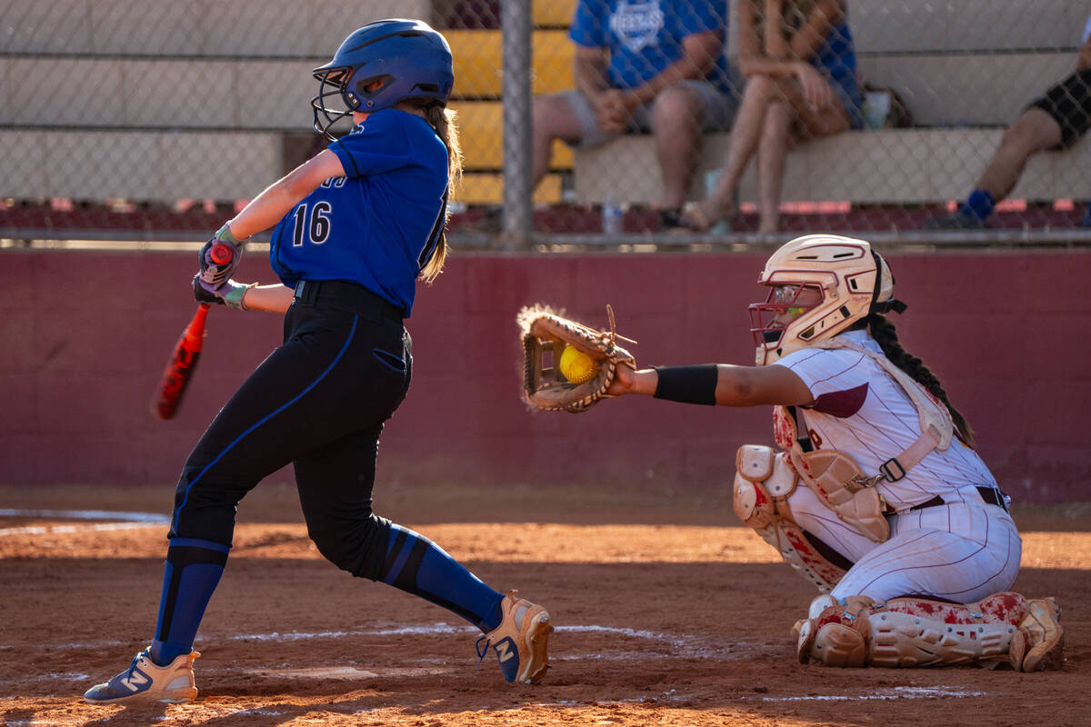 Pahrump Valley High School senior catcher Madison Rodriguez frames a ball perfectly at home aga ...