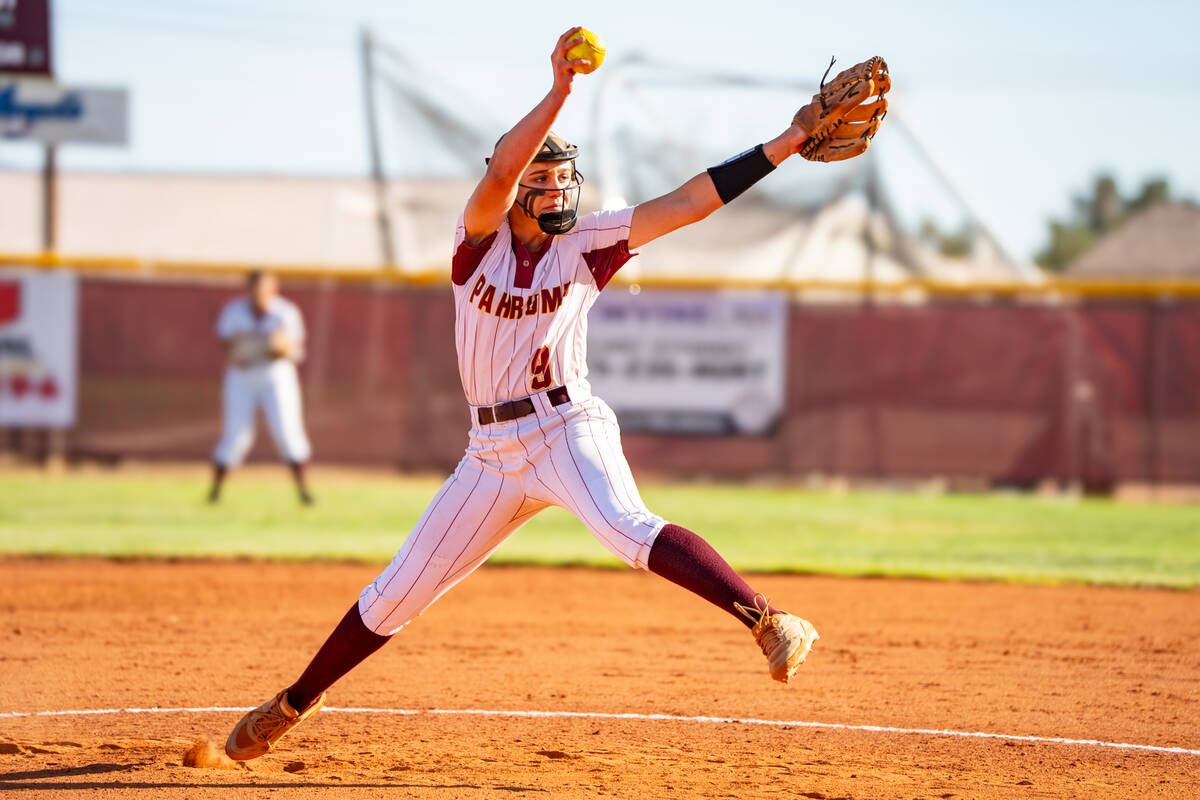Pahrump Valley High School freshman pitcher Jaycie Hayes winds back to deliver a pitch against ...
