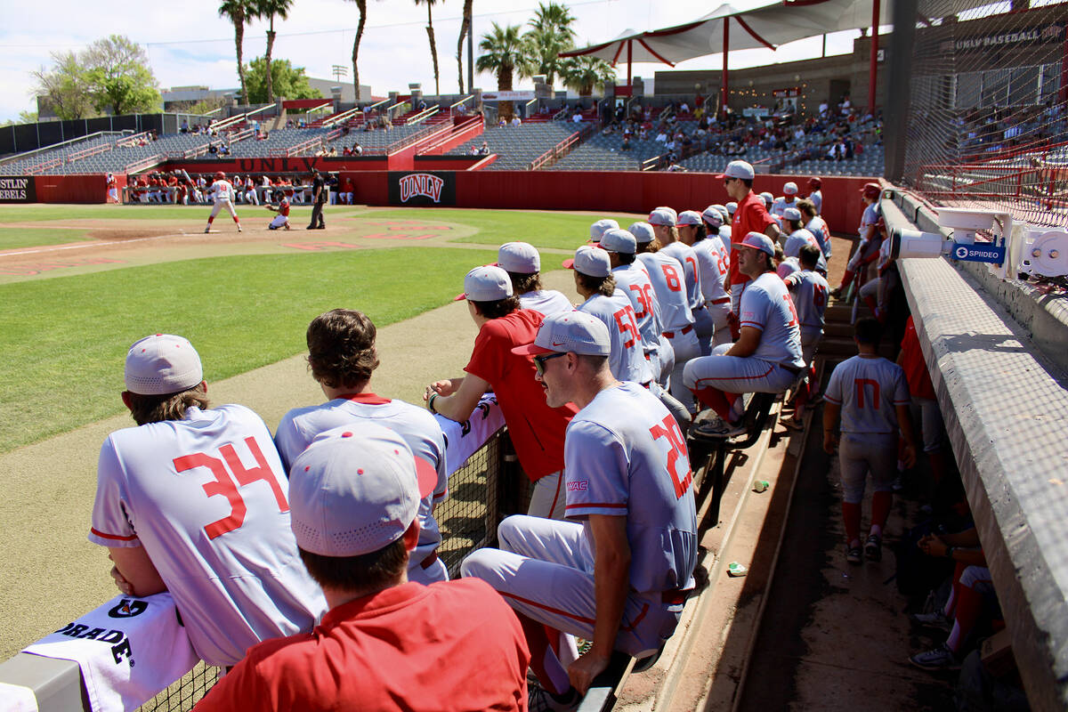 Utah Tech hangs out in the dugout during their game against UNLV on March 22 at Earl E. Wilson ...