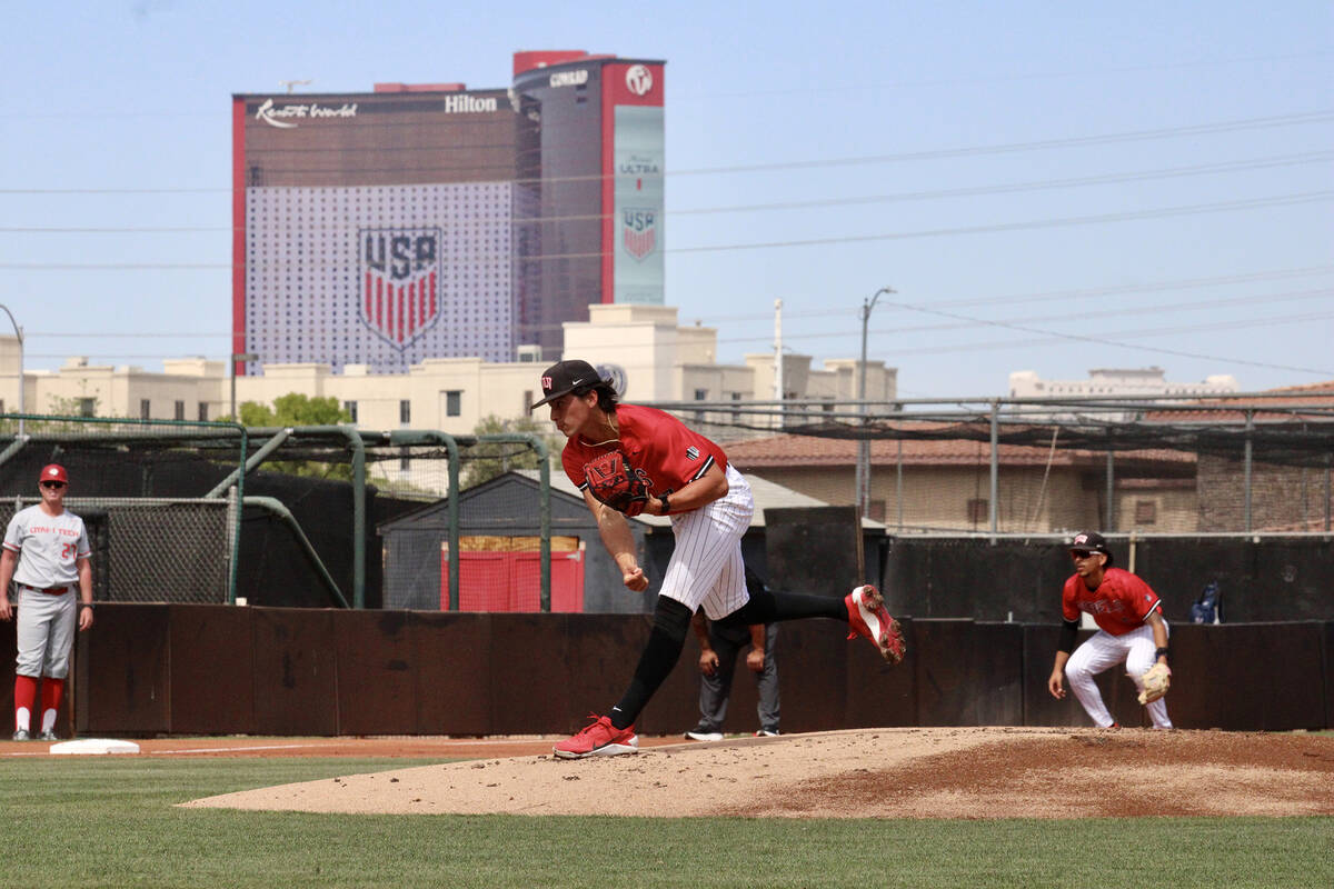 UNLV pitcher sophomore Felix Ong starts the game for UNLV against Utah Tech on March 22 at Earl ...