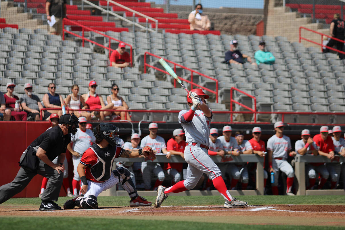 Utah Tech junior second baseman Kyle McDaniel takes a hack during the Trailblazers' second game ...
