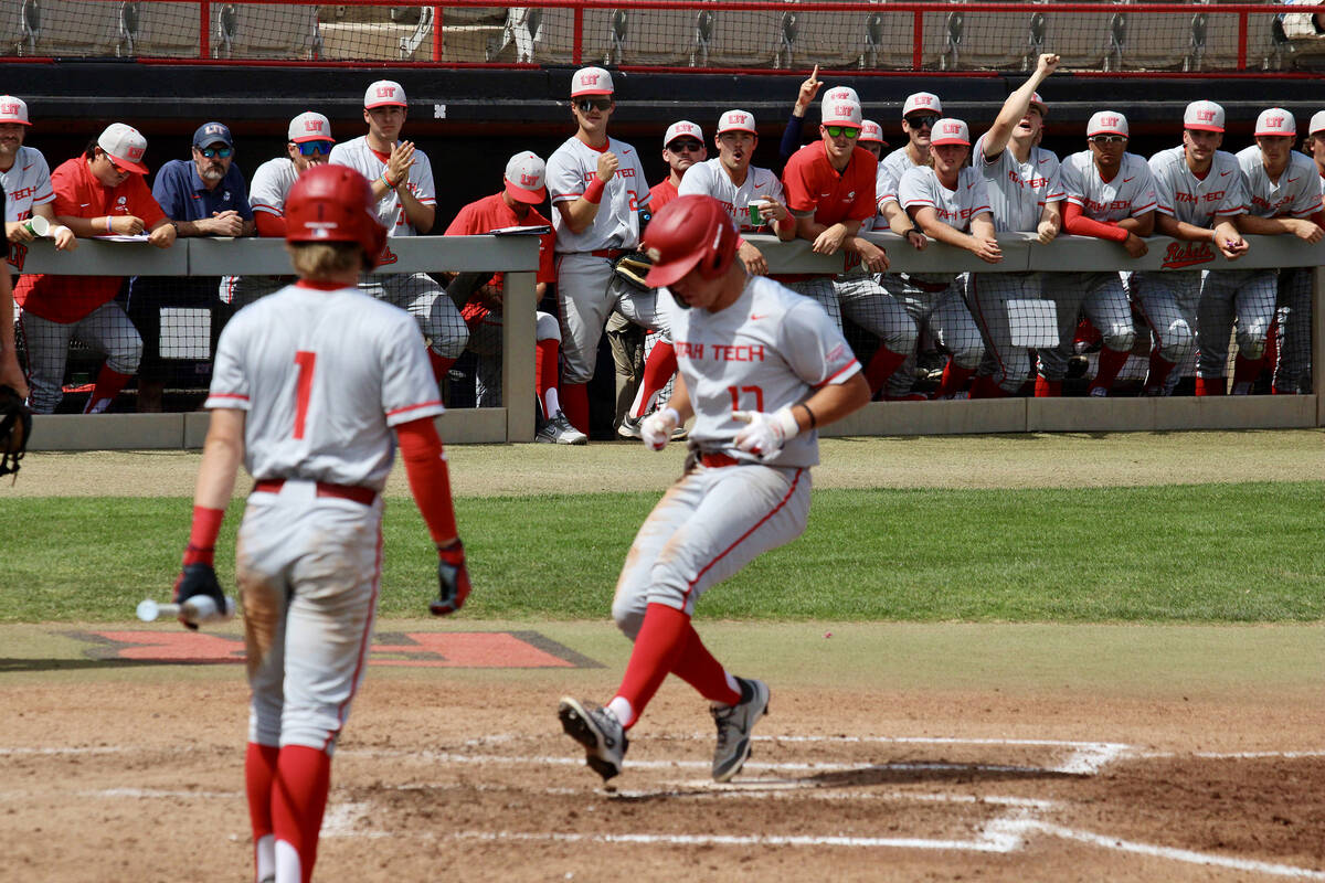 Utah Tech senior Gavin Long comes around home plate to score for Utah Tech during their 11-1 wi ...