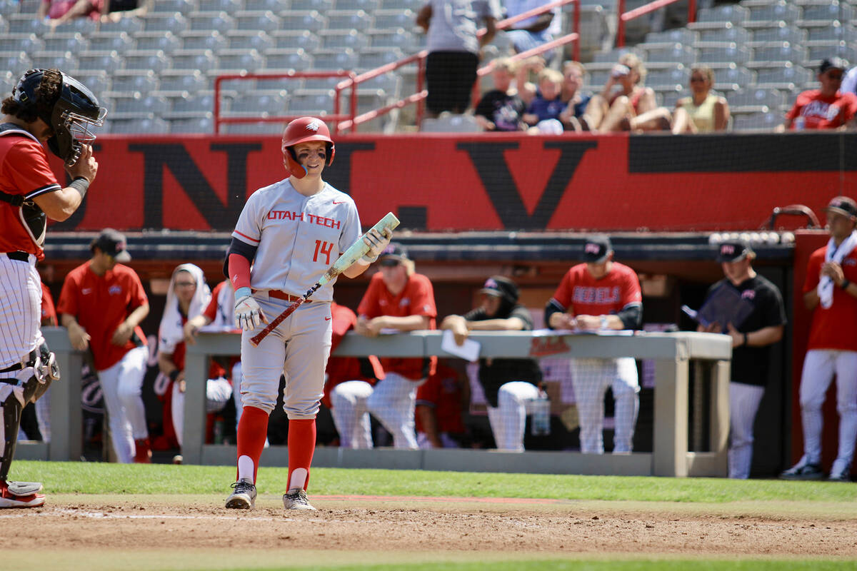 Utah Tech junior Kyle McDaniel prepares to take a hack during the Trailblazers' game against UN ...