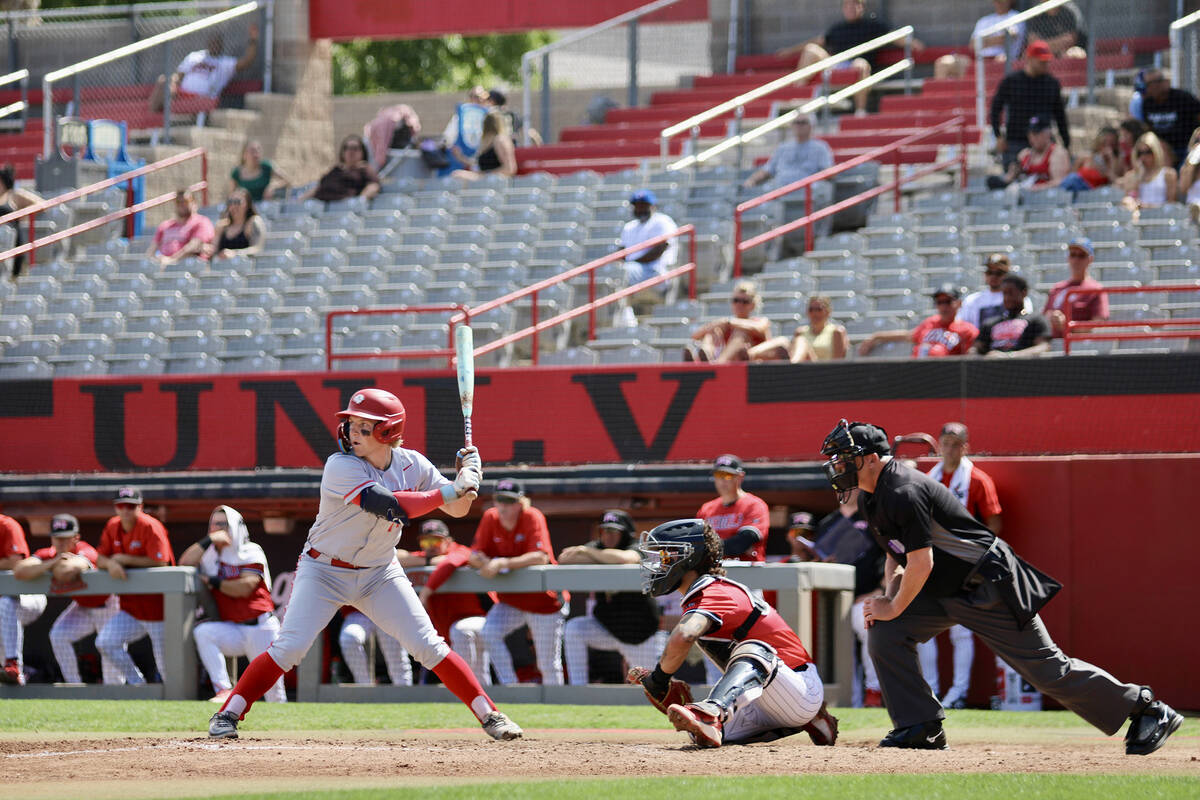 Utah Tech junior Kyle McDaniel prepares to take a hack during the Trailblazers' game against UN ...