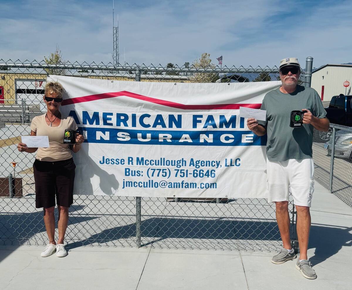 Southern Nevada Horseshoe Pitching Series pitchers Lathan "Rebel" Dilger and Polly Brashear cla ...