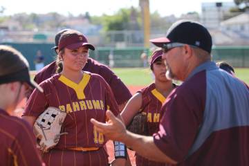 Pahrump Valley High School assistant varsity coach Rich Lauver speaks to the team following the ...