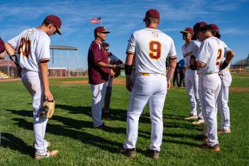 Pahrump Valley High School head coach Drew Middleton talks to the program prior to the start of ...