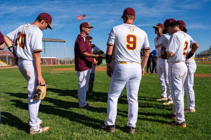 Pahrump Valley High School head coach Drew Middleton talks to the program prior to the start of ...