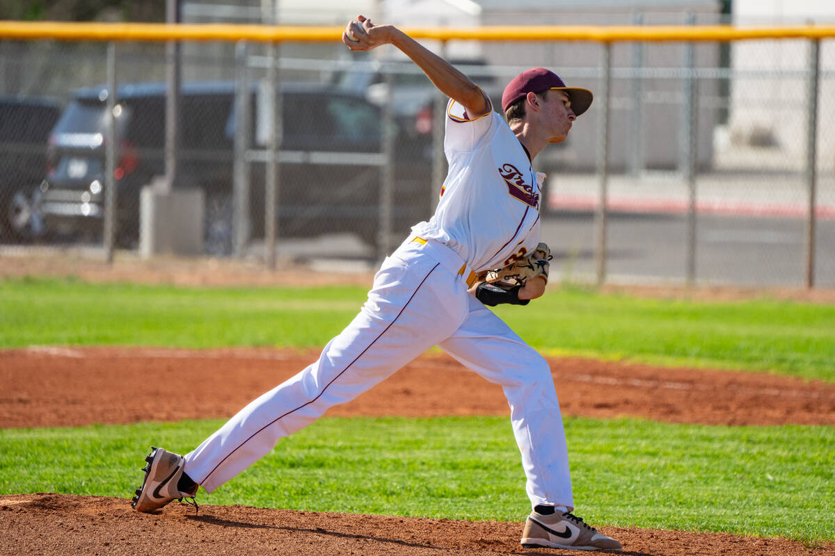 Pahrump Valley High School junior Samuel Mendoza tossed four innings for the Trojans against th ...
