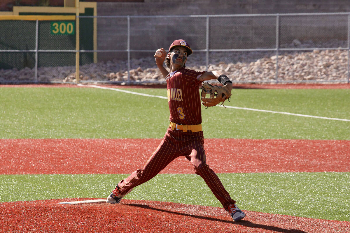 Pahrump Valley High School starting pitcher Vinny Whitney went deep into the ballgame finishing ...