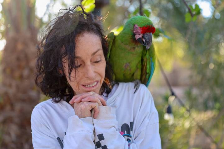 Heidi Fleiss, with a macaw named Gin perched on her shoulder, stands in her backyard and reflec ...