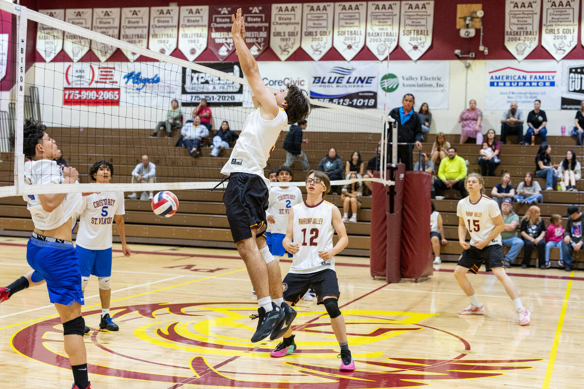 Pahrump Valley High School senior Alexander Mahoney gets himself in position to set up for a bl ...