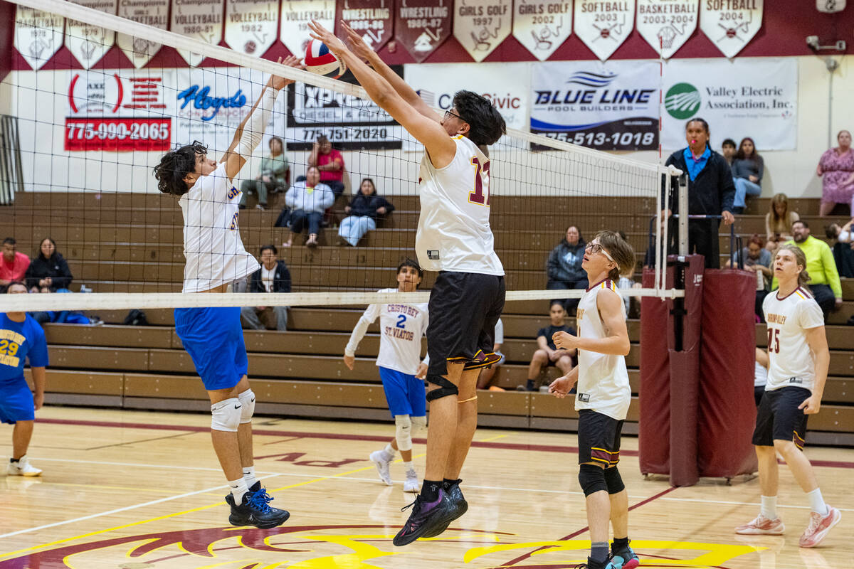 Pahrump Valley High School senior Andy Sanchez prepares to block a player from Cristo Rey St. V ...