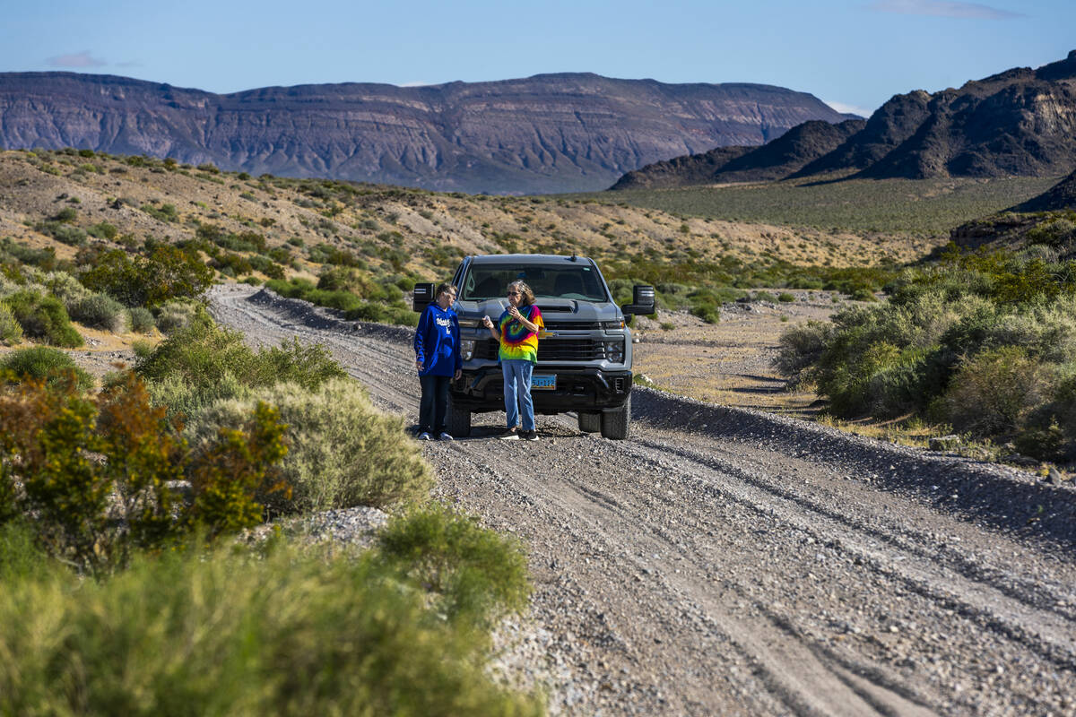 Carolyn Allen, Amargosa Valley town board chair, and Sherry Oettinger, 70, talk along the Rock ...