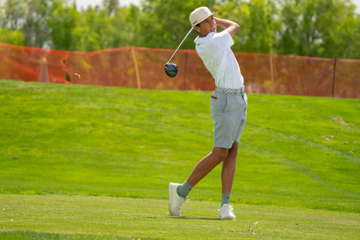 Pahrump Valley High School boys golf sophomore Samson Wagner lets one fly during the Trojans' h ...