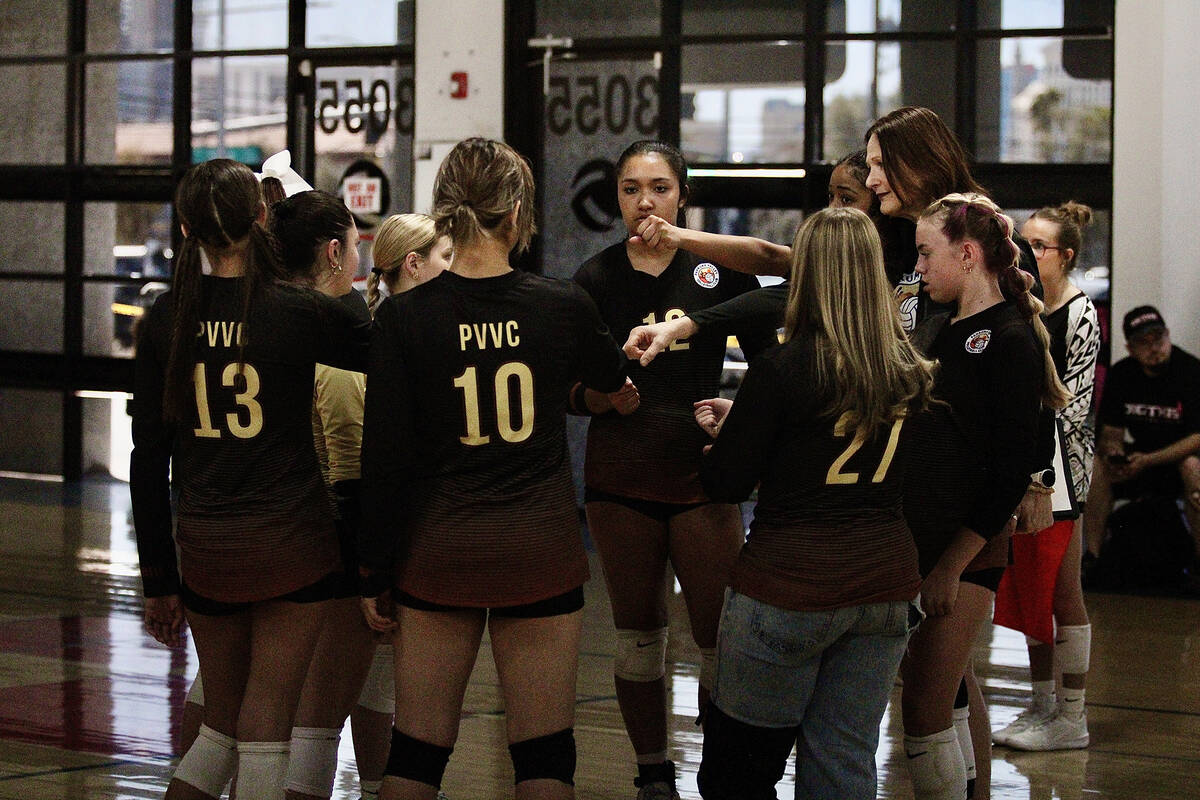 Pahrump Valley Volleyball Club head coach Amber Lugo calls for a timeout mid-set in the third m ...