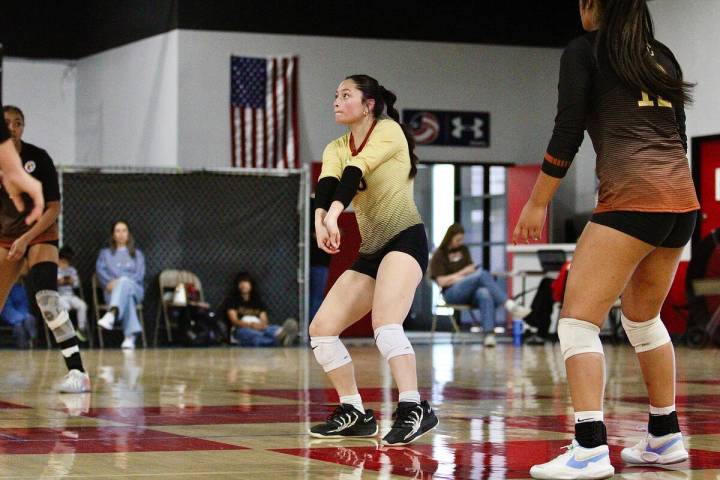 Pahrump Valley Volleyball Club libero Mahina Decambra prepares to receive a serve during the cl ...