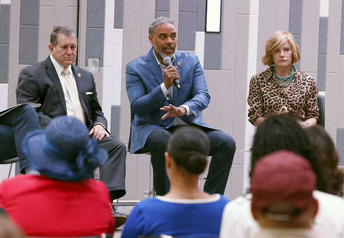 U.S. Congressman Joe Morelle, left, D-NY, and Congresswoman Susie Lee listen as U.S. Congressma ...