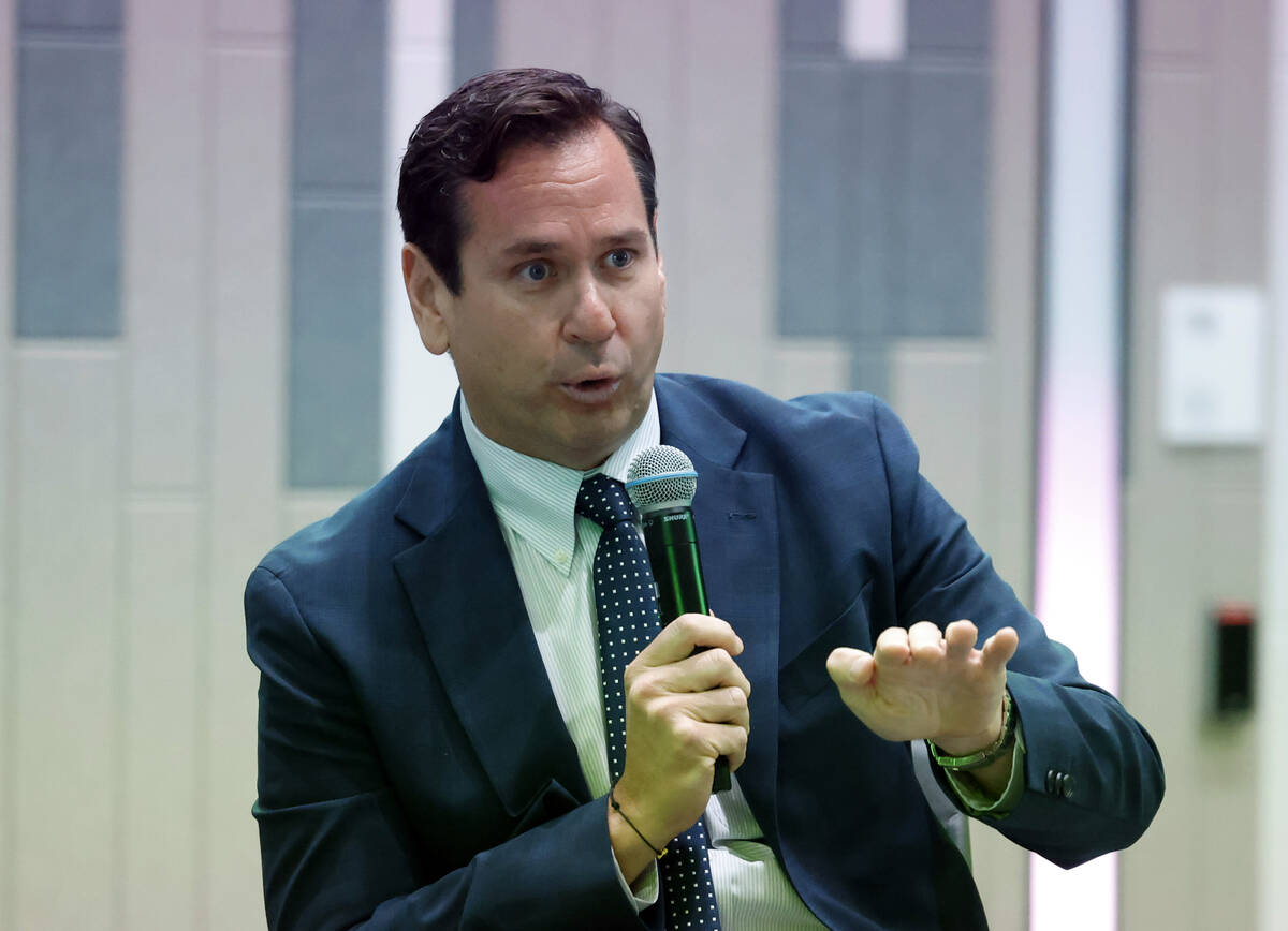 Nevada Secretary of State Francisco Aguilar speaks during a Fireside Chat on election security ...