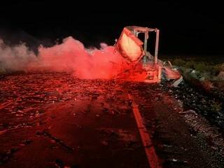 Pahrump Valley Fire and Rescue battle a lithium-ion battery fire on U.S. Highway 95 in Septembe ...