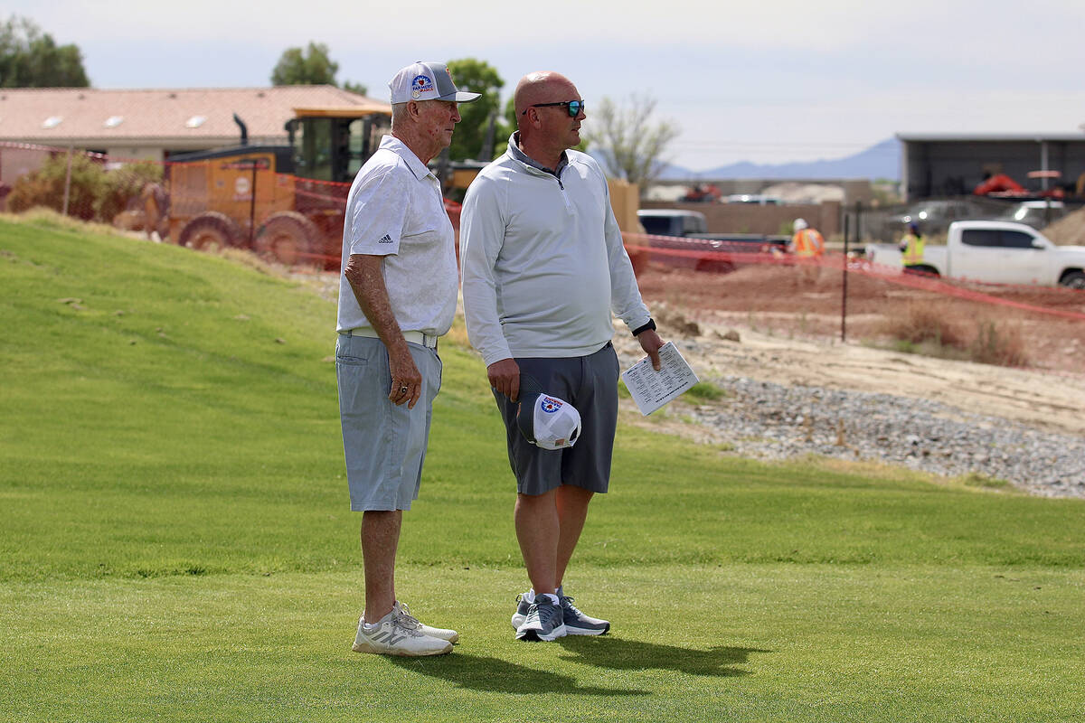 Pahrump Valley High School boys golf coaches Bob Hopkins and Daniel Clift oversee a league matc ...