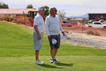 Pahrump Valley High School boys golf coaches Bob Hopkins and Daniel Clift oversee a league matc ...