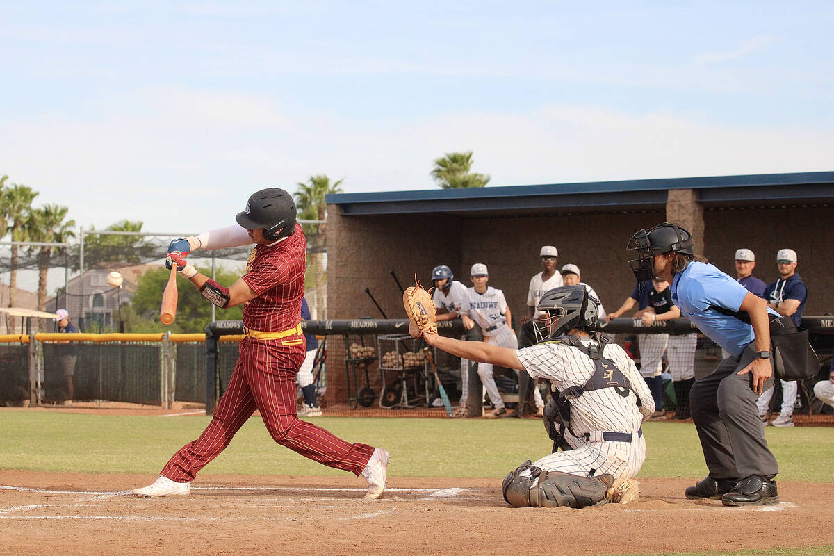 Pahrump Valley High School sophomore CJ Nelson prepares to lift a ball in his at-bat against th ...