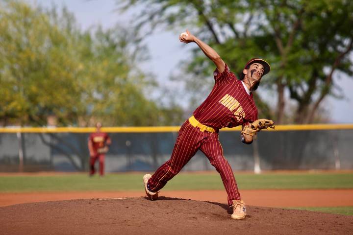 Pahrump Valley High School starting pitcher Vinny Whitney was able to hang on for 2.1 innings o ...