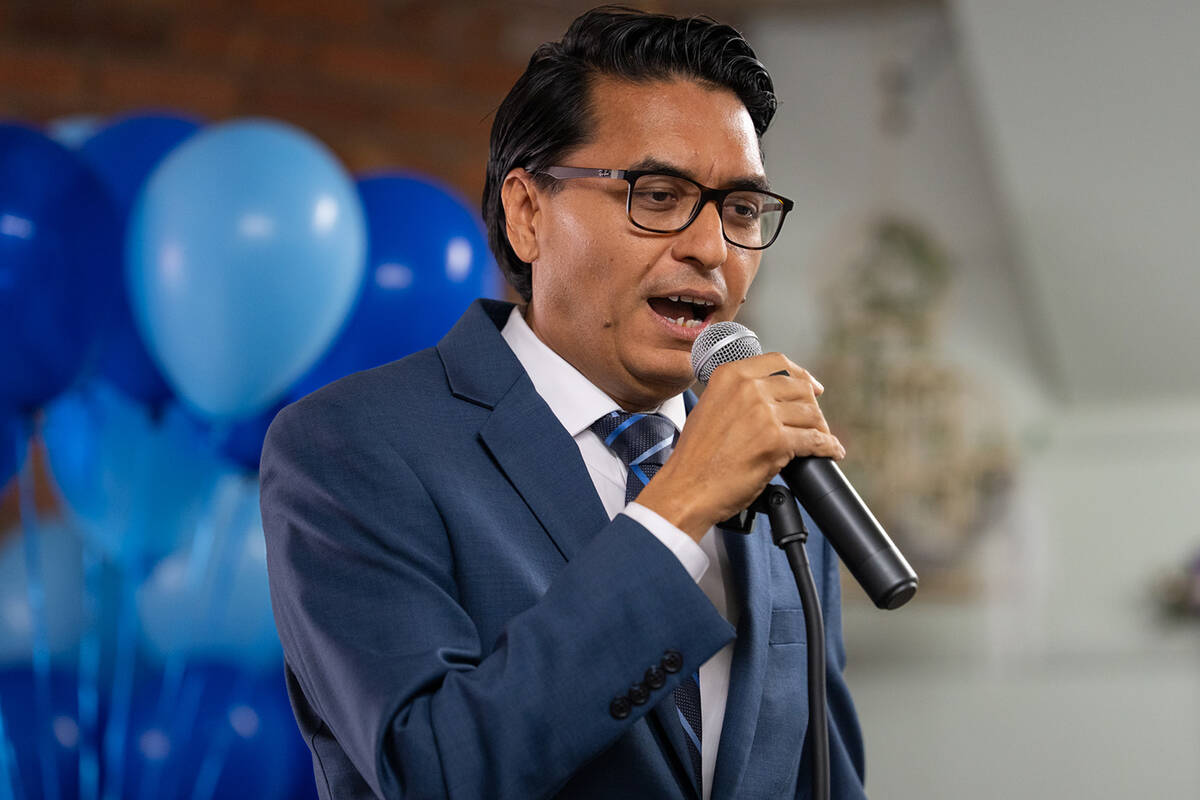Democratic candidate Dr. Jay Maharjan speaks about his bid for treasurer at the 2026 Nye County ...
