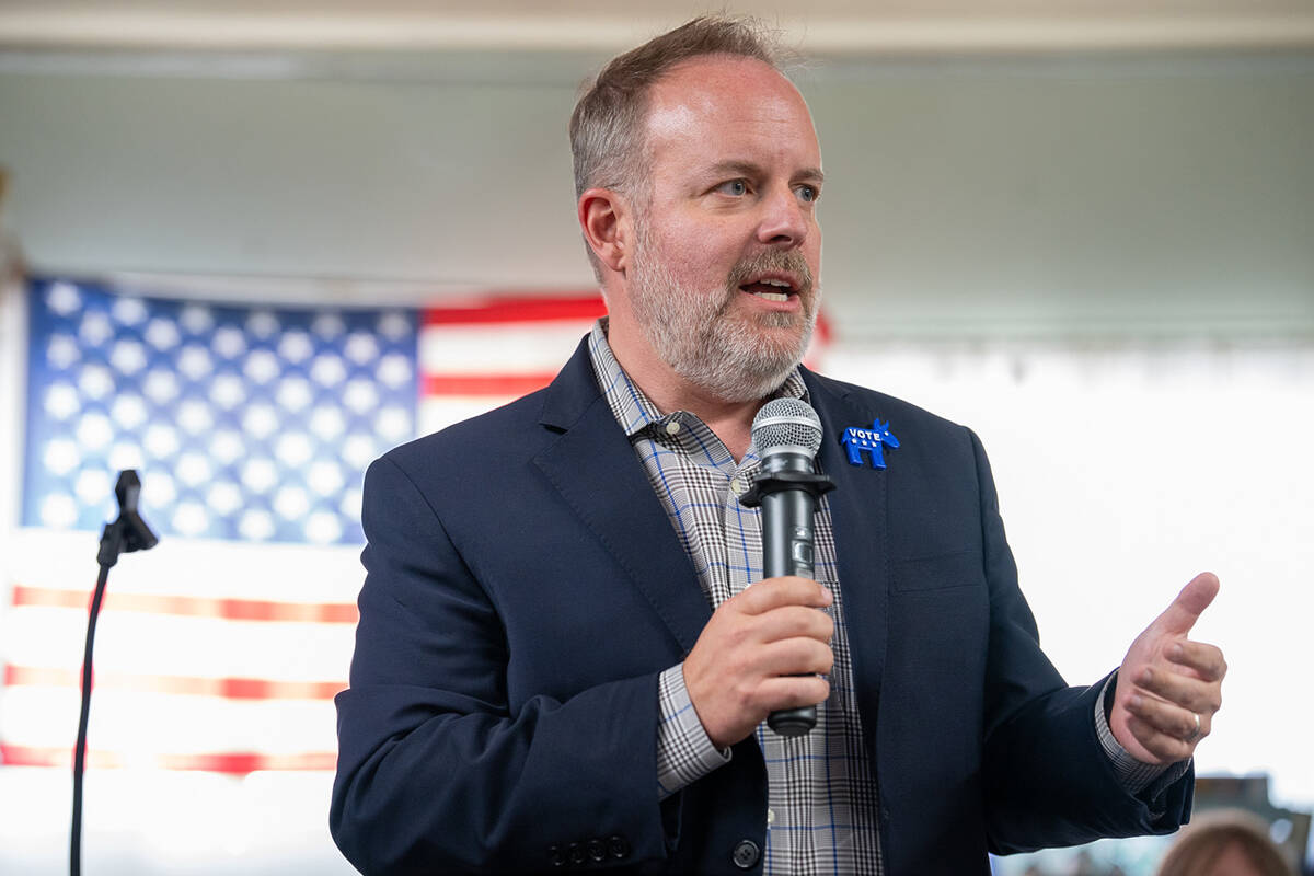 Democratic Nevada State Treasurer and attorney general candidate Zach Conine speaks at the 2026 ...